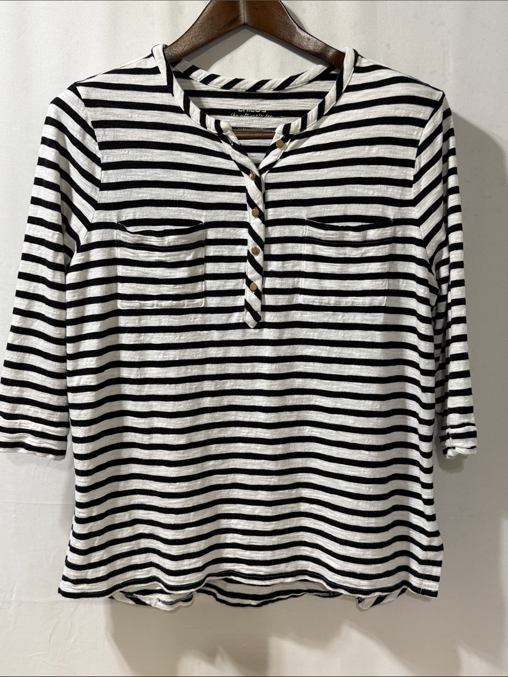 Chico's Black & White Striped Henley Pocket Top